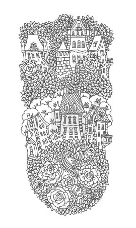 Illustration for Vector black and white contour fantasy small town buildings, rose flowers and garden trees. Coloring book page - Royalty Free Image