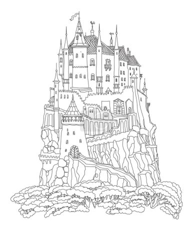 Fantasielandschaft mit Märchenschloss auf einem Berg, Kiefern. Malbuch-Seite