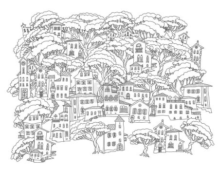Ilustración de Paisaje de fantasía con cuento de hadas Ciudad mediterránea en una colina, bosque de pinos. Libro para colorear página - Imagen libre de derechos