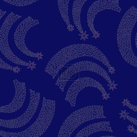 Téléchargez les illustrations : Motif vectoriel sans couture avec météores, étoiles argentées sur fond bleu foncé. Feu d'artifice de Noël, décoration dorée du Nouvel An - en licence libre de droit