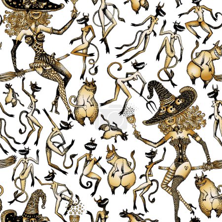 Ilustración de Patrón inconsútil vectorial de silueta de bruja negra y dorada humorística, diablos, besom. Fondo de pantalla fiesta de Halloween - Imagen libre de derechos