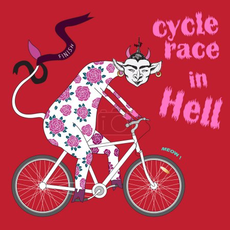 Ilustración de Carrera Ciclista en el Infierno. Camiseta humorística estampada. Dibujos animados heck dragón en guantes de ciclismo rosa, montar en bicicleta sobre un fondo rojo - Imagen libre de derechos