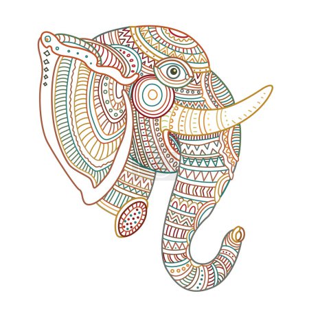 Vector ornate Indian elephant head. Hand drawn doodle sketch. Colored contour thin line, ethnic ornaments on a beige background. T-shirt print. Batik paint. Book cover
