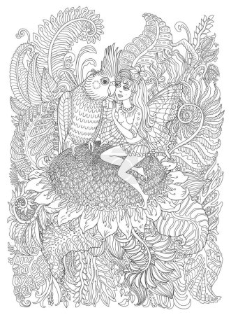 Ilustración de Chica elfo cuento de hadas con alas de mariposa se sienta en un girasol con un pájaro loro cacatúa. Página para colorear libro para adultos y niños - Imagen libre de derechos
