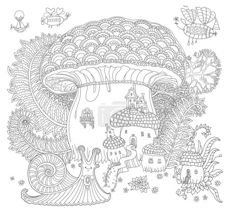 Illustration for Fantasy landscape. Fairy tale snail, house in a mushroom, flying steam punk air baloons. Coloring book page for adults and children - Royalty Free Image