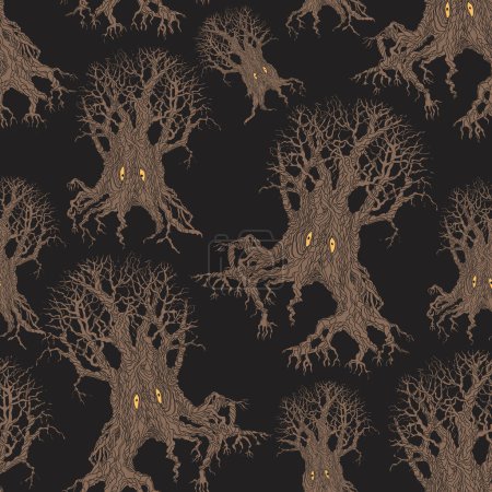 Illustration for Halloween seamless pattern of fantasy tree silhouette with yellow eyes on a dark background - Royalty Free Image