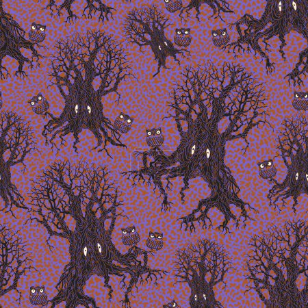 Illustration for Halloween seamless pattern of fantasy tree silhouette, fairy tale owl birds with yellow eyes on a dark dappled purple background - Royalty Free Image