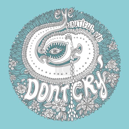 Illustration for Beautiful Eye, do not cry. Vector humorous crocodile silhouette with eye in the trap and dripping tears, fantasy letters on a turquoise background. T shirt print, pop art poster - Royalty Free Image