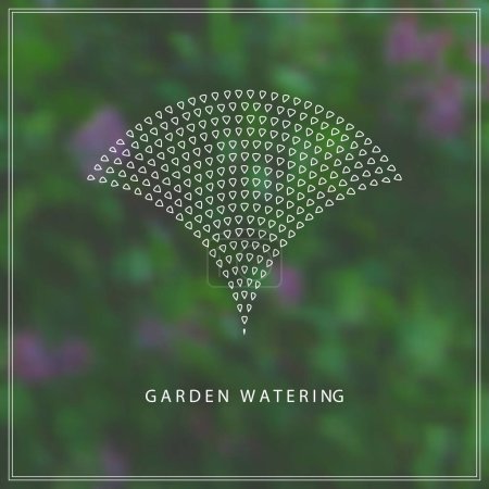 Ilustración de Emblema de riego de jardín. Fuente vectorial de pequeñas gotas de agua en una imagen borrosa de un fondo de jardín en flor - Imagen libre de derechos
