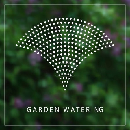 Ilustración de Emblema de riego de jardín. Fuente vectorial de pequeñas gotas de agua en una imagen borrosa de un fondo de jardín en flor - Imagen libre de derechos