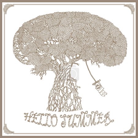 Illustration for Hello Summer. Vector illustration of old hand drawn tree with lush foliage, and boy rides a bungee. Brown doodle contour line on a white background. Tee shirt print, book cover, poster, invitation and greeting card - Royalty Free Image