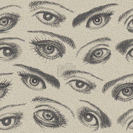 Illustration for Seamless pattern with hand drawn human eyes on a beige background win thin contour spots - Royalty Free Image