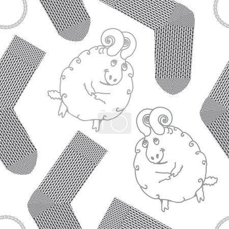 Téléchargez les illustrations : Modèle sans couture avec chaussettes tricotées chaudes et cornes de bélier moutons - en licence libre de droit