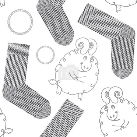 Téléchargez les illustrations : Modèle sans couture avec chaussettes tricotées chaudes et cornes de bélier moutons - en licence libre de droit
