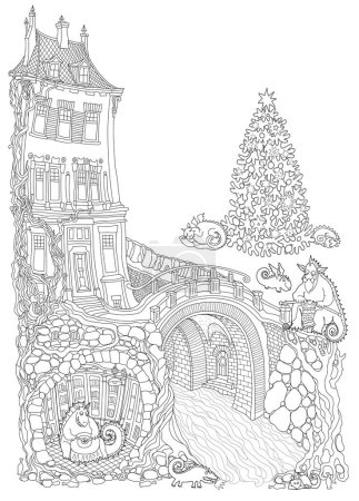 Illustration for Fairy tale Dragon apartment in the old medieval town. Dragons family in the morning after a New Year's party. Adults coloring book page - Royalty Free Image