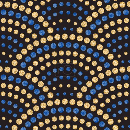 Vector wavy seamless pattern with geometrical fish scale layout. Metallic gold and blue glitter drops on a black background. Peacock tail shape