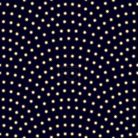 Illustration for Vector wavy seamless pattern with geometrical fish scale layout. Golden metallic stars on a black background. Fan shaped Christmas garlands. New Year snowflake holiday decoration - Royalty Free Image