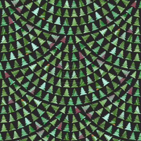 Ilustración de Patrón sin costura escamoso vectorial de abetos con textura de trazo de pincel pintado a mano verde sobre un fondo negro. Navidad y Año Nuevo papel pintado de vacaciones - Imagen libre de derechos