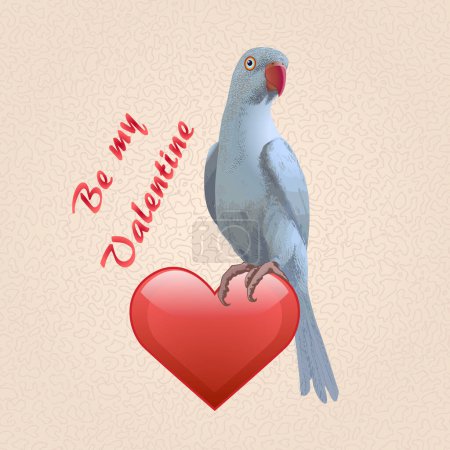 Téléchargez les illustrations : Anneau vecteur bleu cou perroquet oiseau avec coeur rouge sur un fond beige craquelé. Carte Saint Valentin - en licence libre de droit