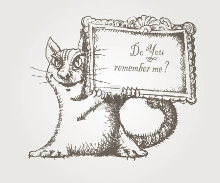 Illustration for Hand drawn sketch in scribble style with cartoon cat holding frame with message - Royalty Free Image