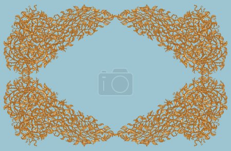 Vintage hand drawn floral frame sketch in Baroque style with golden branches on a turquoise blue background