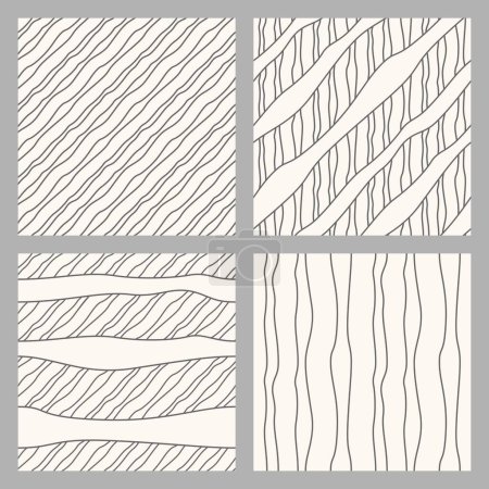 Illustration for Set of vector doodle diagonal seamless patterns from grey wavy lines on a beige background - Royalty Free Image
