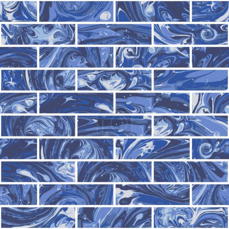 Illustration for Vector blue watercolor painted seamless pattern. Hand drawn tile bricks arrangement with white seams background - Royalty Free Image