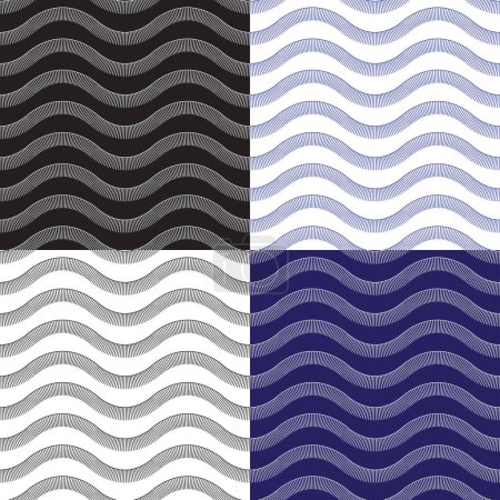 Set of vector wavy seamless patterns from small drops on a white, black and blue background 