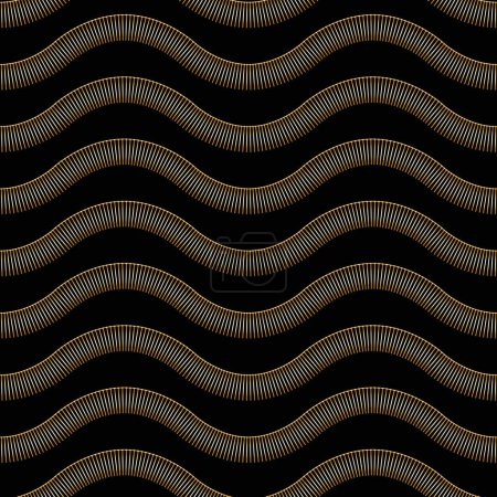 Vector wavy seamless pattern from golden thin lines on a black background