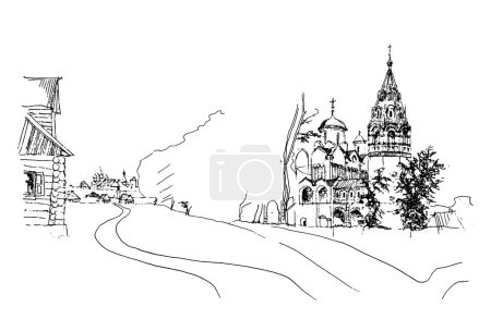 Vector zeichnete eine handgezeichnete Architekturskizze nach. Landschaft mit alten steinernen Kirchen und Glockentürmen und Holzblockhütten in russischer Bautradition
