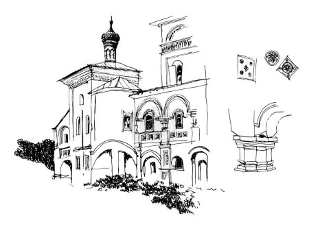 Vector gezeichnete Skizze mit architektonischen Details, Kirche aus dem 17. Jahrhundert in der Stadt Jaroslawl, Russland 