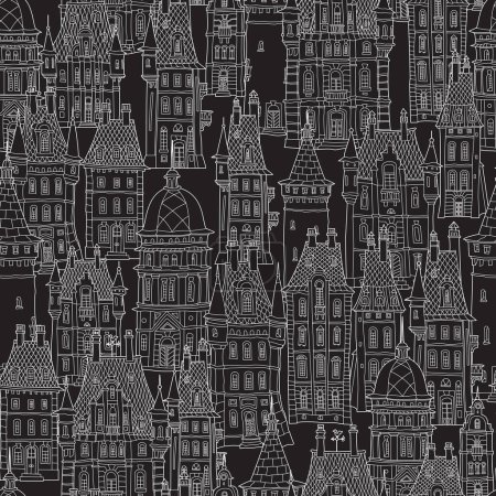 Seamless pattern, Fairy tale castle, old medieval town houses. White doodles on a black background