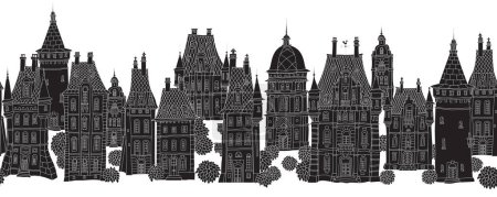Christmas and New Year seamless border pattern. Fairy tale European houses street panorama. Hand drawn black and white sketch
