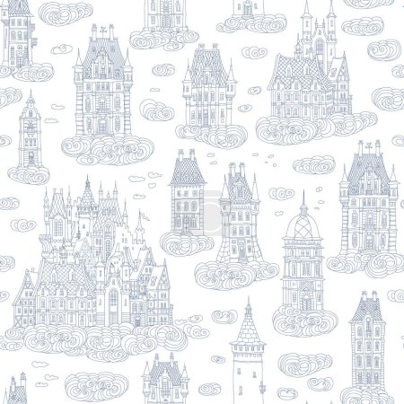 Seamless pattern of Fairy tale castles on the clouds in the air. Coloring book page 