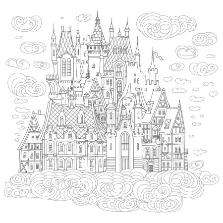 Märchenschloss in der Luft. Malbuch-Seite Handgezeichnete Schwarz-Weiß-Skizze mittelalterlicher Häuser über den Wolken