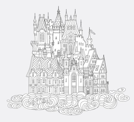 Château de conte de fées dans les airs. Livre à colorier Esquisse en noir et blanc dessinée à la main de maisons médiévales sur les nuages