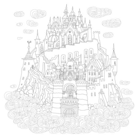 Castillo de cuento de hadas en el aire. Dibujo dibujado a mano en blanco y negro de casas medievales en las nubes