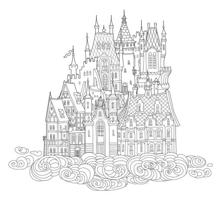 Castillo de cuento de hadas en el aire. Dibujo dibujado a mano en blanco y negro de casas medievales en las nubes