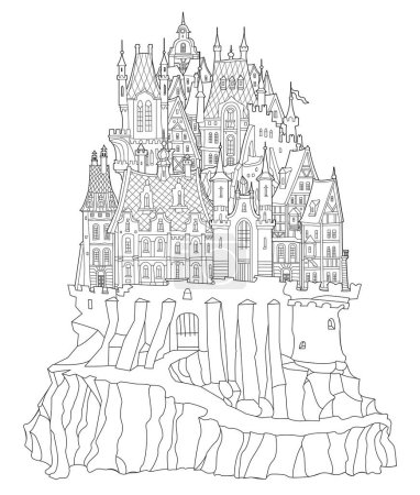 Forteresse du château de conte de fées. Esquisse architecturale en noir et blanc dessinée à la main pour la page du livre à colorier