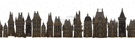 Christmas and New Year seamless border pattern. Fairy tale European castles and houses panorama. Hand drawn gold and black sketch on a white background