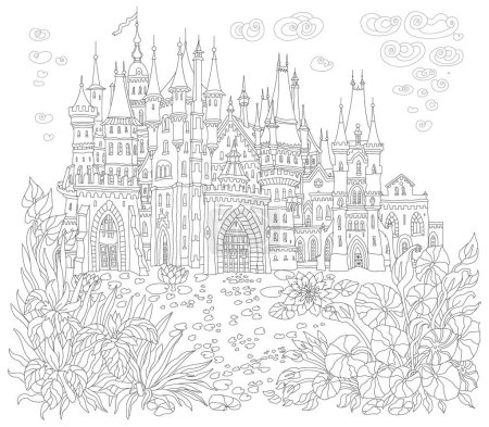 Fairy tale castle, lake and water plants. Coloring book page 