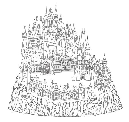 Fairy tale medieval castle and small ancient town houses. Adults and children coloring book page