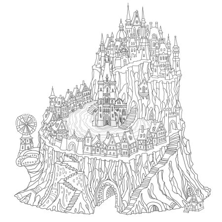 Märchenhaftes mittelalterliches Schloss und kleine antike Bürgerhäuser auf einem Baumstumpf. Erwachsene und Kinder Malbuch Seite