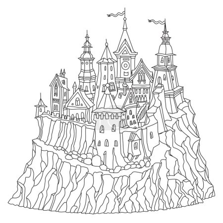 Forteresse du château de conte de fées. Esquisse architecturale en noir et blanc dessinée à la main pour la page du livre à colorier