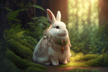 Photo pour Un charmant lapin blanc vêtu de Hanfu chinois dans une mystérieuse forêt asiatique, se réjouissant du Nouvel An chinois 2023 associé au zodiaque du lapin d'eau. - image libre de droit