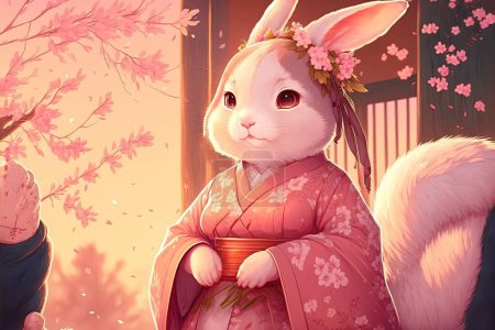 Photo pour 2023 Nouvel An chinois du lapin célébration. Illustration 3D d'un lapin blanc mignon de bande dessinée portant un Hanfu, qui est un type traditionnel de vêtements en Chine. - image libre de droit