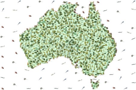 Australian animals in Australian map. Wildlife animals: Emu, Echidna, Tasmanian Devil, Wombat, Kangaroo, Wallaby and Penguin, Ducks, Snakes Lizards and Horse. Sea animals: sharks, mantas and turtles