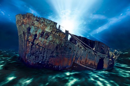 Foto de Naufragio Titanic descansando en el fondo del océano. Captura la atmósfera espeluznante del ambiente submarino, con el naufragio parcialmente cubierto de limo y rodeado de oscuro y misterioso abismo. - Imagen libre de derechos
