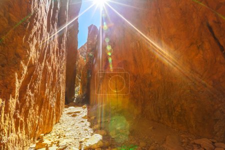 Foto de Rayos de sol del medio día sobre un cañón de garganta en estación seca. Standley Chasm es un icono geológico de Australia Central y una tierra aborigen en las cordilleras de West MacDonnell. Centro Rojo Outback en Territorio del Norte. - Imagen libre de derechos
