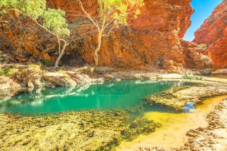 Téléchargez les photos : Ellery Creek Big Hole, un trou d'eau dans une gorge entourée de hautes falaises rouges, est l'un des sites de camping, de marche et de baignade les plus populaires dans le parc national West MacDonnell, Territoire du Nord, Australie
. - en image libre de droit